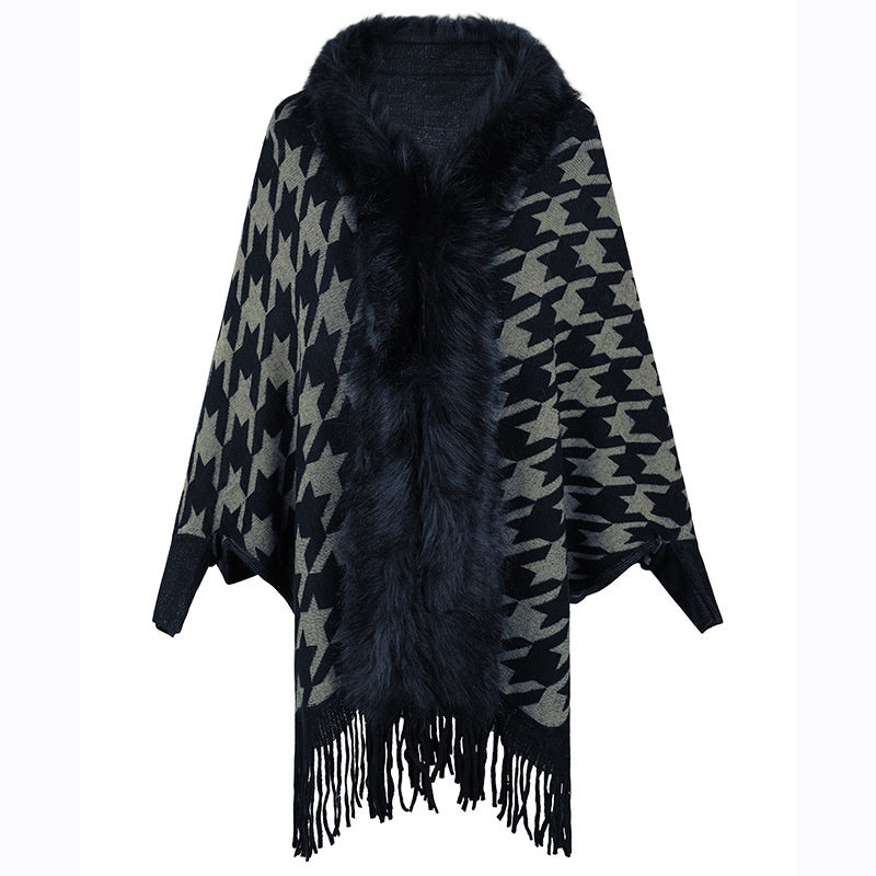 Colorblock Houndstooth Fur Collar Shawl Coat
