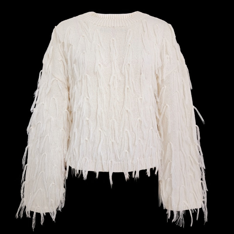 Textured Fringe Knit Sweater with Relaxed Fit