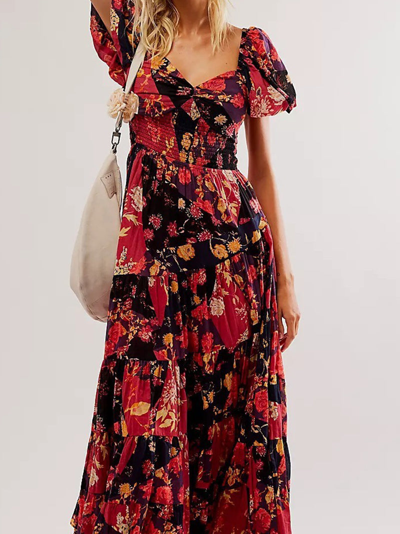 Floral Print Puff Sleeve Maxi Dress