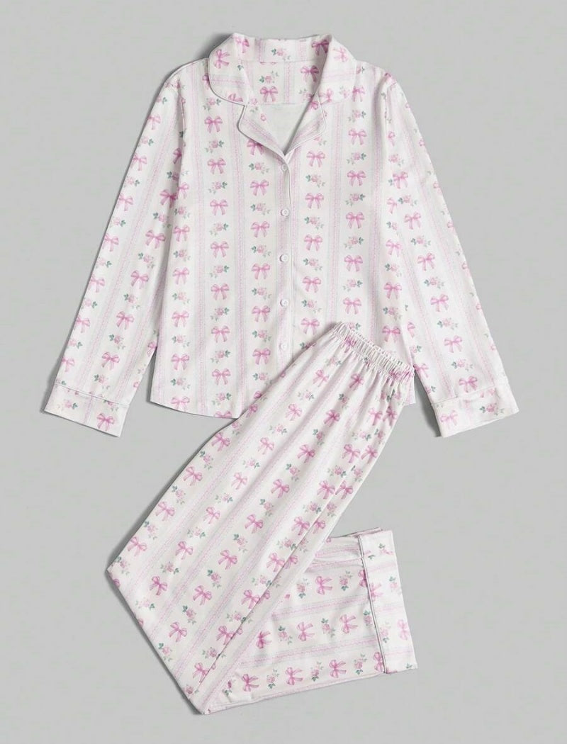 Long Sleeve Pajama Set with Bow Print