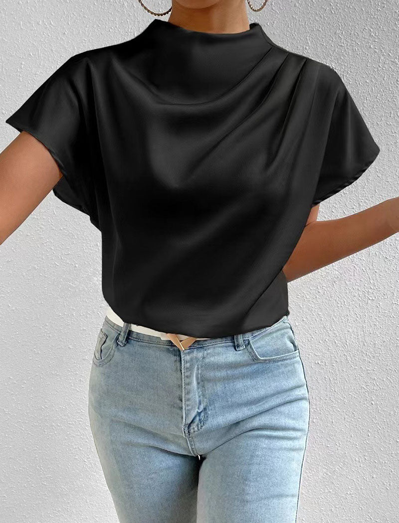 Satin Cowl Neck Short-Sleeve Blouse