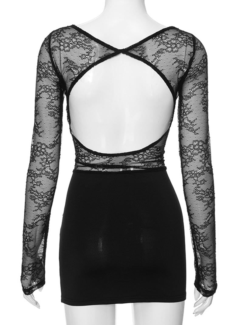 Lace Long Sleeve Ruched Mini Dress