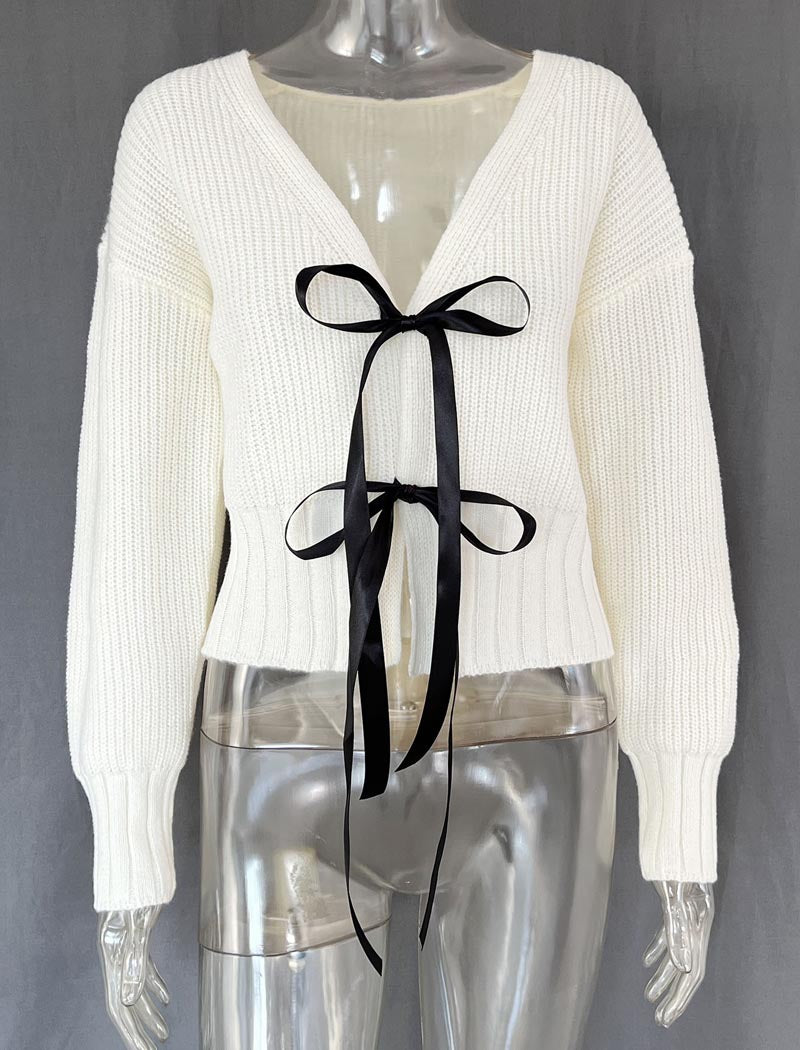 Knit Cardigan with Ribbon Tie Detail