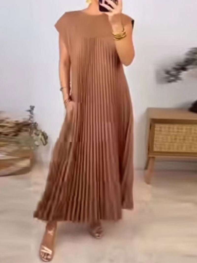 Pleated Cap-Sleeve Maxi Dress