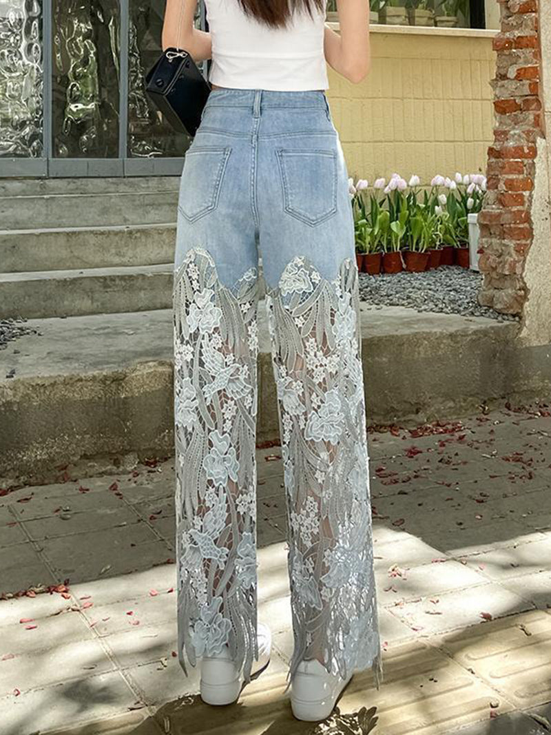 Lace Denim Wide-Leg Pants