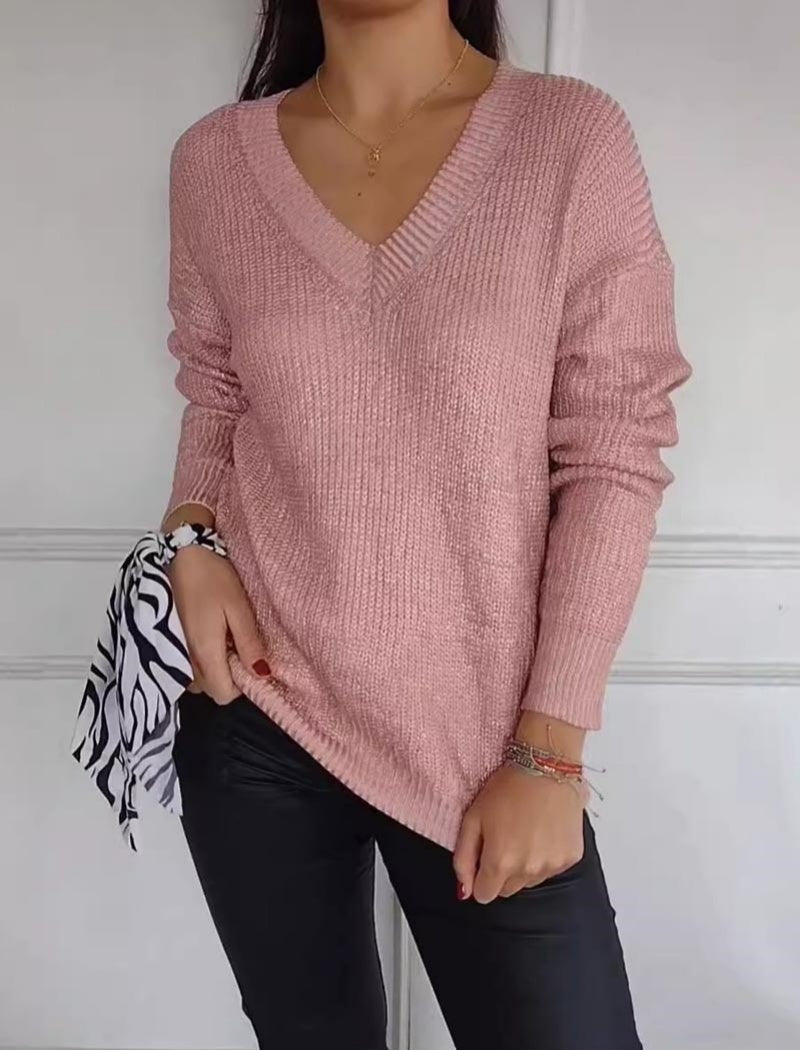 V Neck Metallic Knit Sweater
