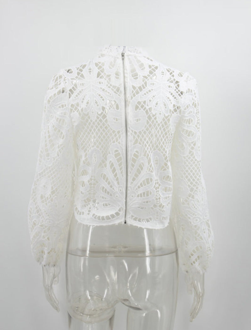 Lace Cut Out Zip-Up Long Sleeve Blouse