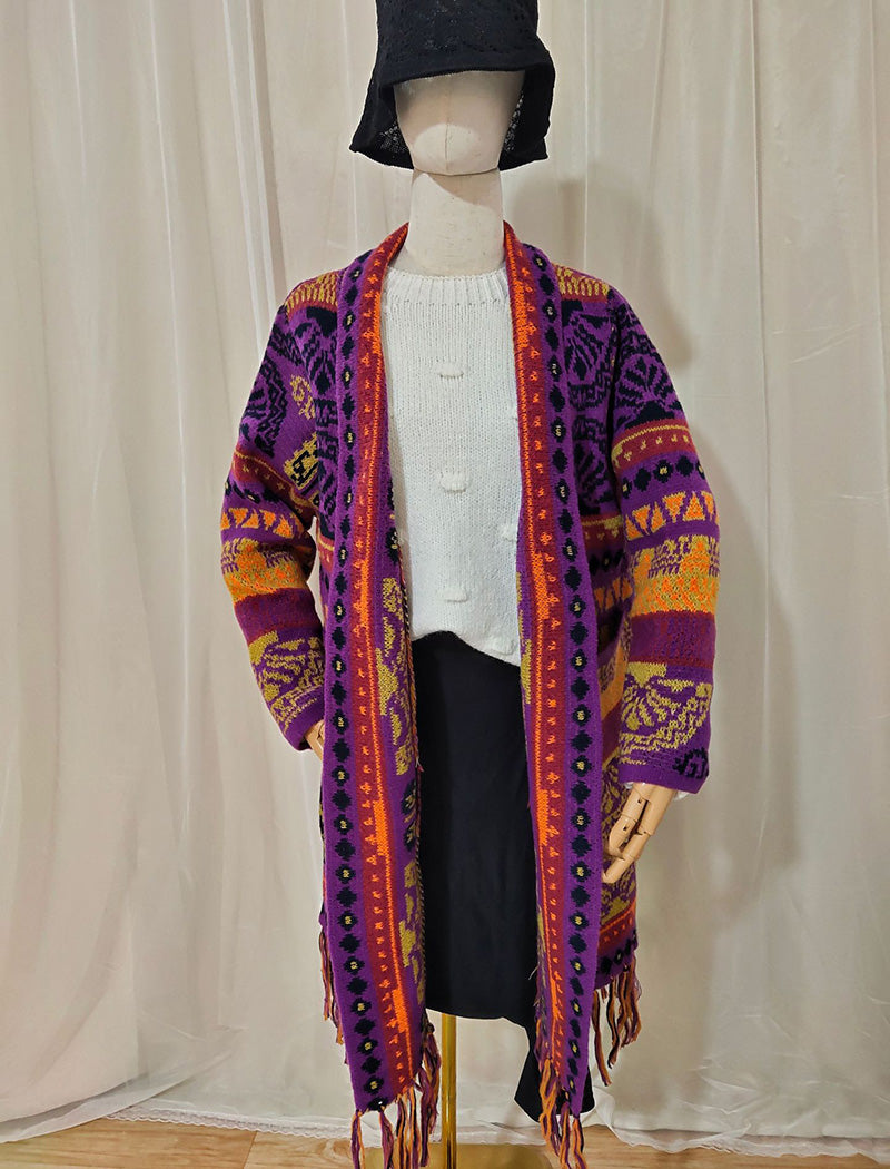 Long Knit Cardigan with Fringe Details