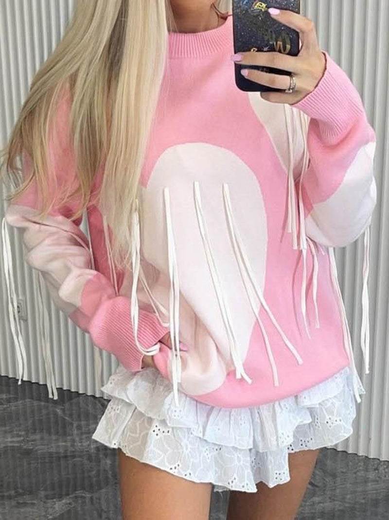 Heart Graphic Fringe Sweater