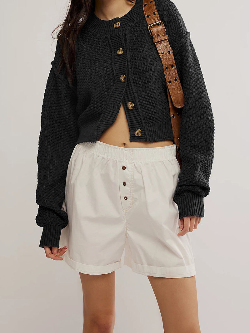 Cropped Button-Up Textured Sweater