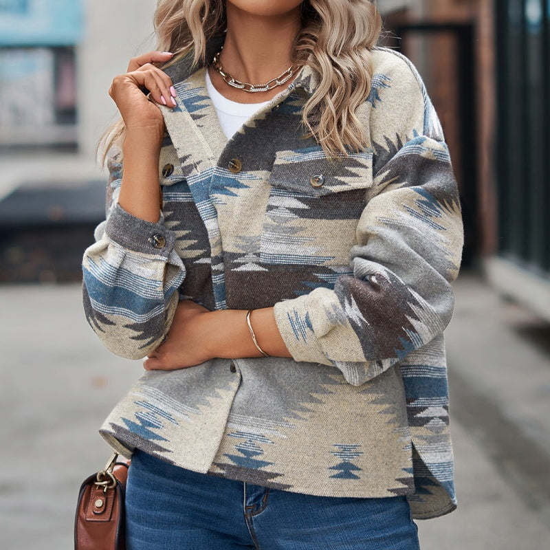 Geometric Print Cropped Loose Collar Jacket