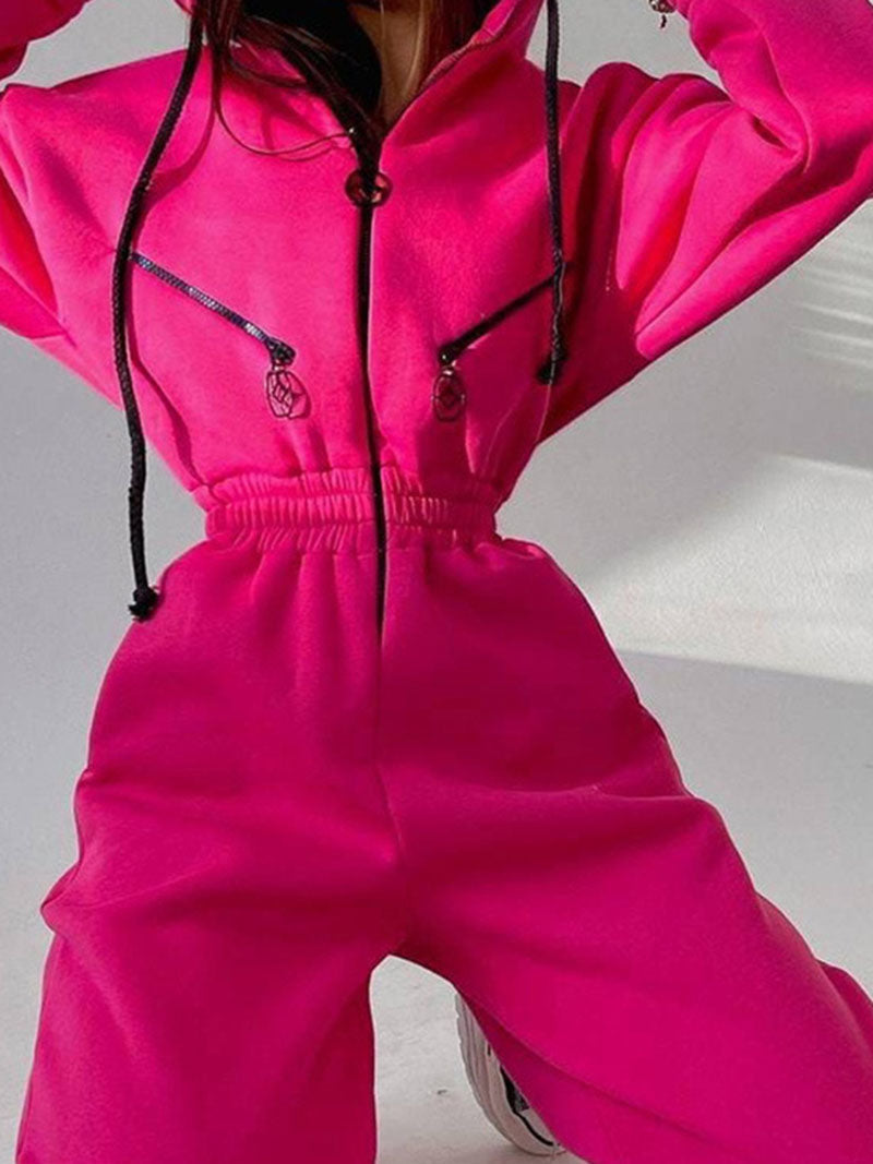 Drawstring Hooded Zip-Up Jumpsuit