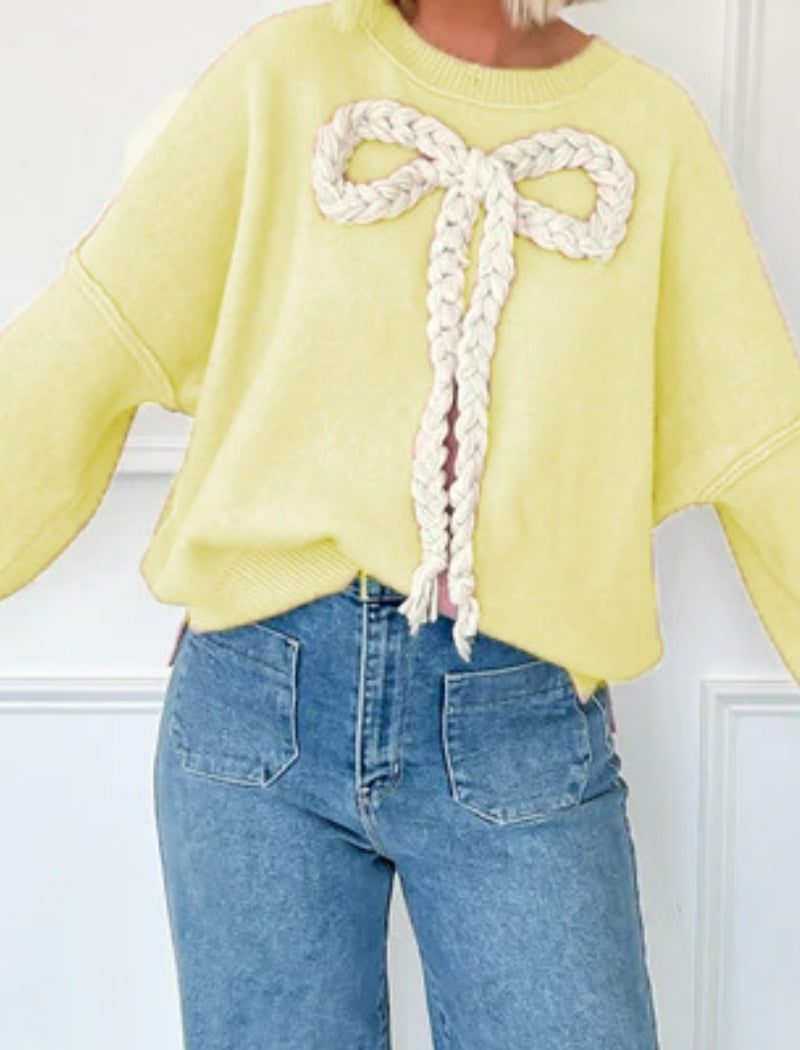 Oversized Sweater with Braided Bow Accent