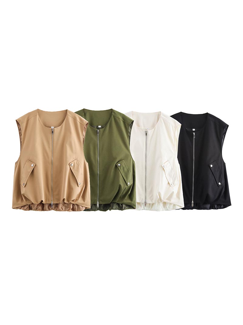 Sleeveless Pockets Zip-Up Vest