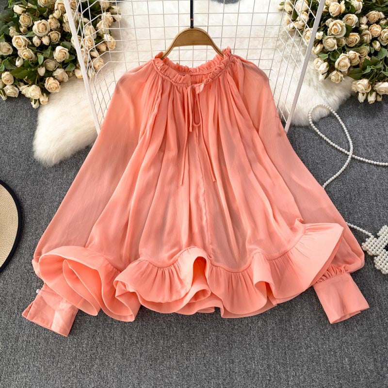 Loose Fit Ruffle Hem Chiffon Blouse