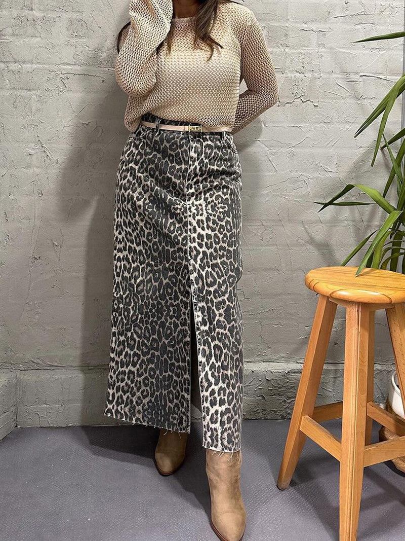 Leopard High-Waisted Split-Hem Midi Skirt