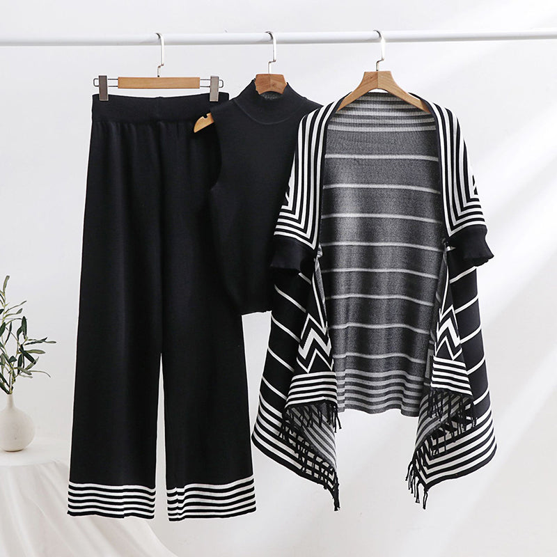 Striped Versatile Collar Knit Vest, Fringe Shawl & Wide-Leg Pants Set