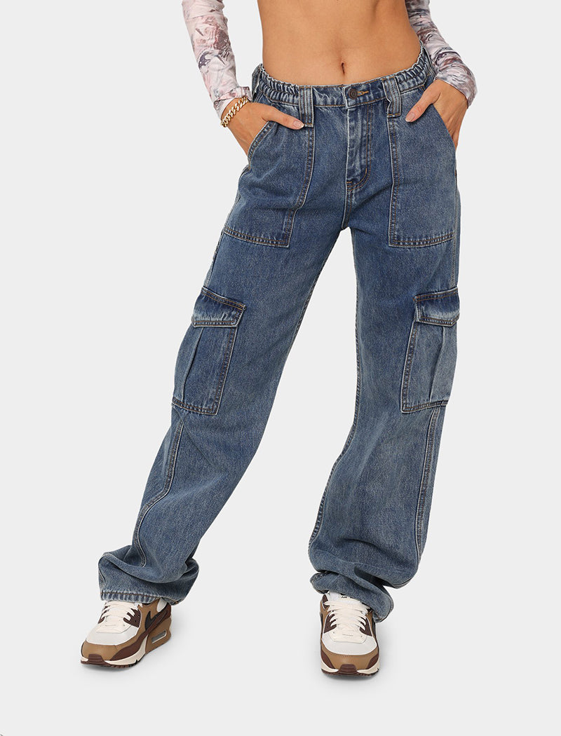 Denim Semi-Elastic Cargo Pants