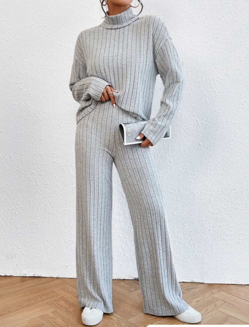 Ribbed Knit Long Sleeve Top and Pants Set