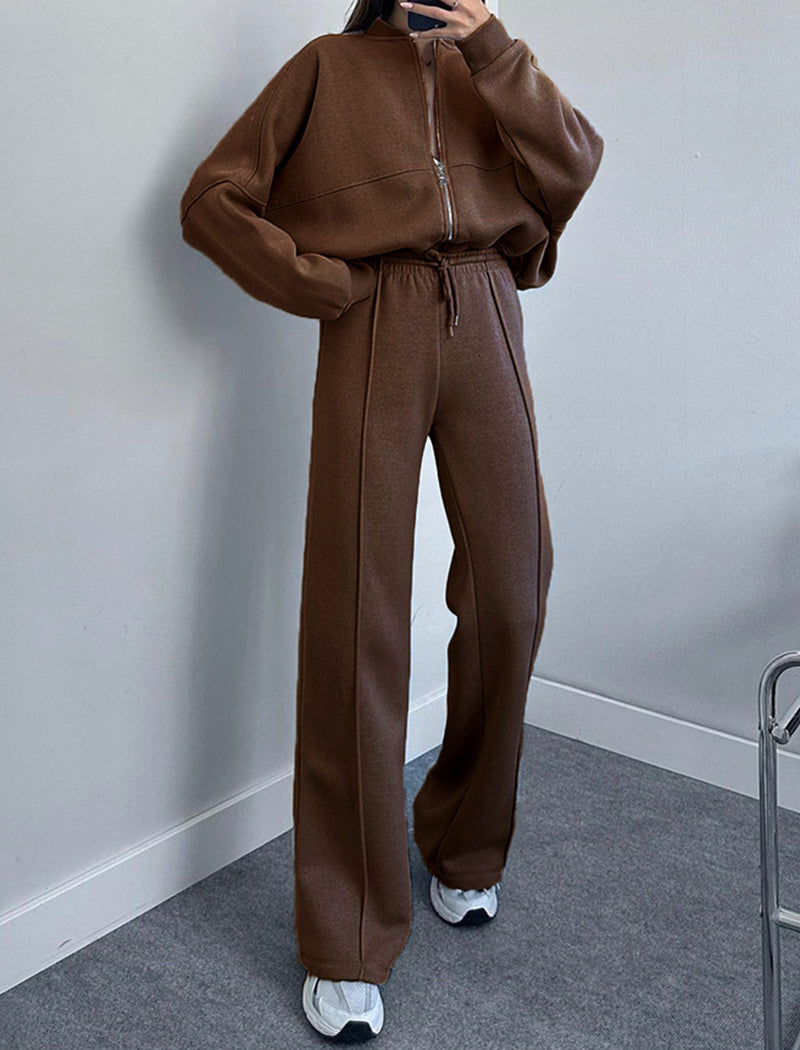 Zip-Up Cropped Jacket and Wide-Leg Pants Set