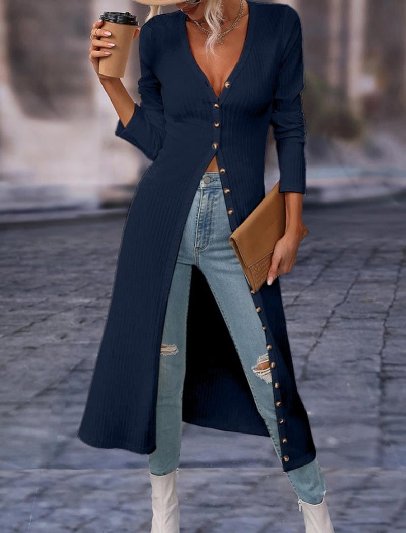 Ribbed Button-Up Longline Cardigan
