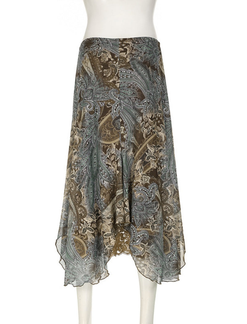 Asymmetrical Paisley Midi Skirt