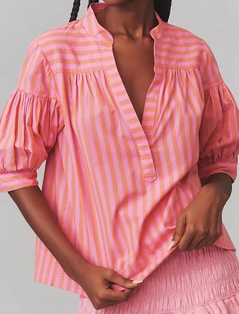 Striped V-Neck Puff Sleeve Blouse