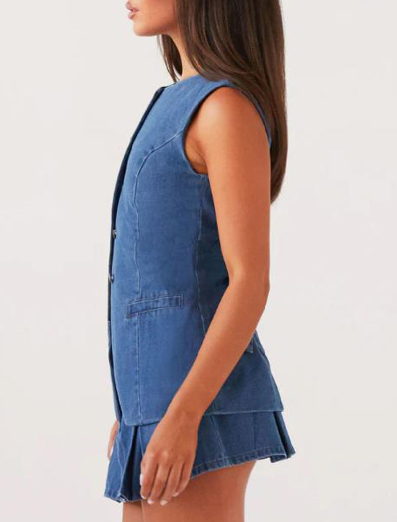 Denim Button-Up Vest and Skirt Set