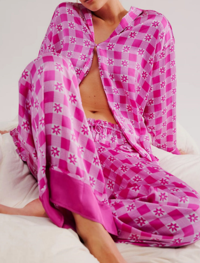 Floral Print Satin Long-Sleeves and Pants Pajama Set