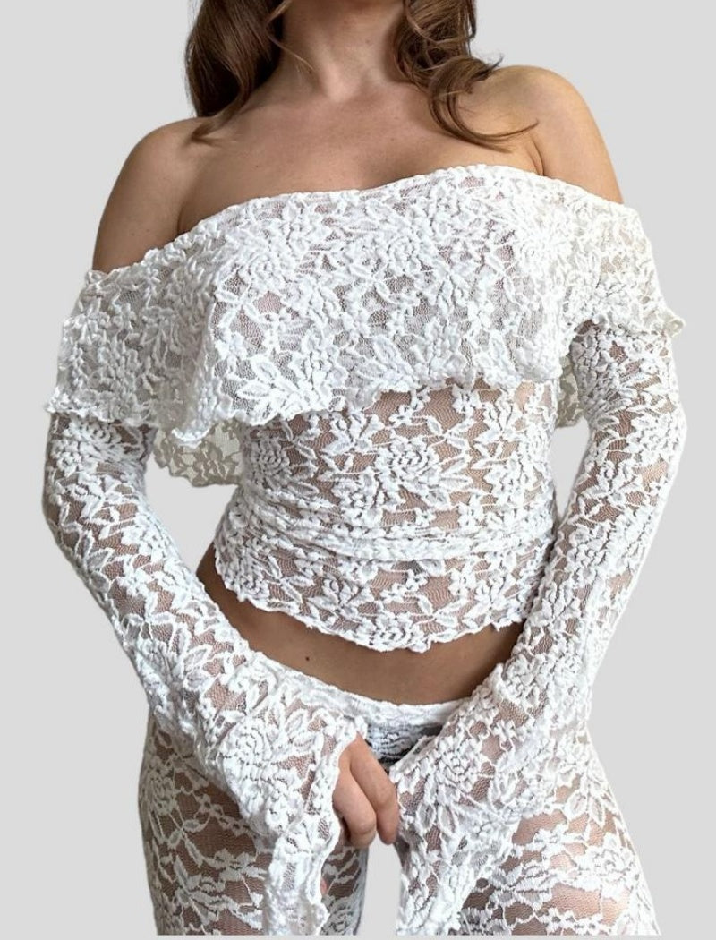 Off-Shoulder Lace Crop Top and Pants Set