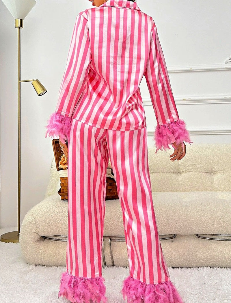 Striped Pajama Set with Feather Trim