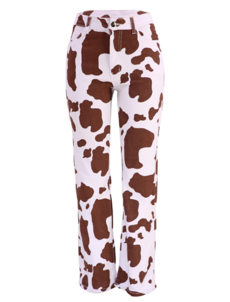 High-Waist Flared Cow Print Pants