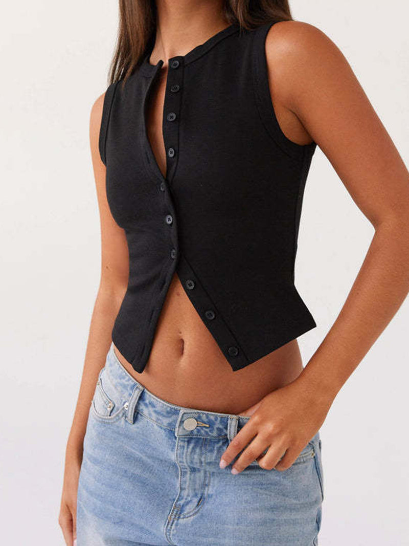Sleeveless Button-Front Crop Top