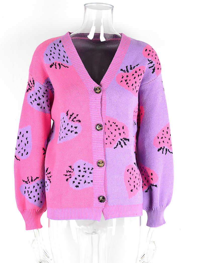 Strawberry Button-Front Knitted Cardigan