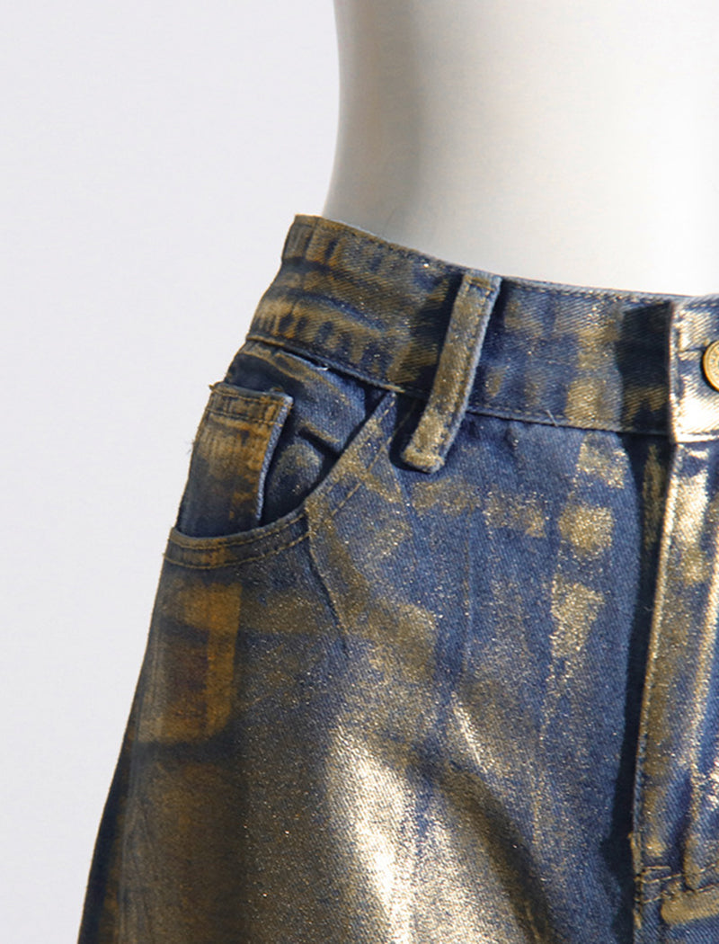 Metallic Wide-Leg High-Waist Pants