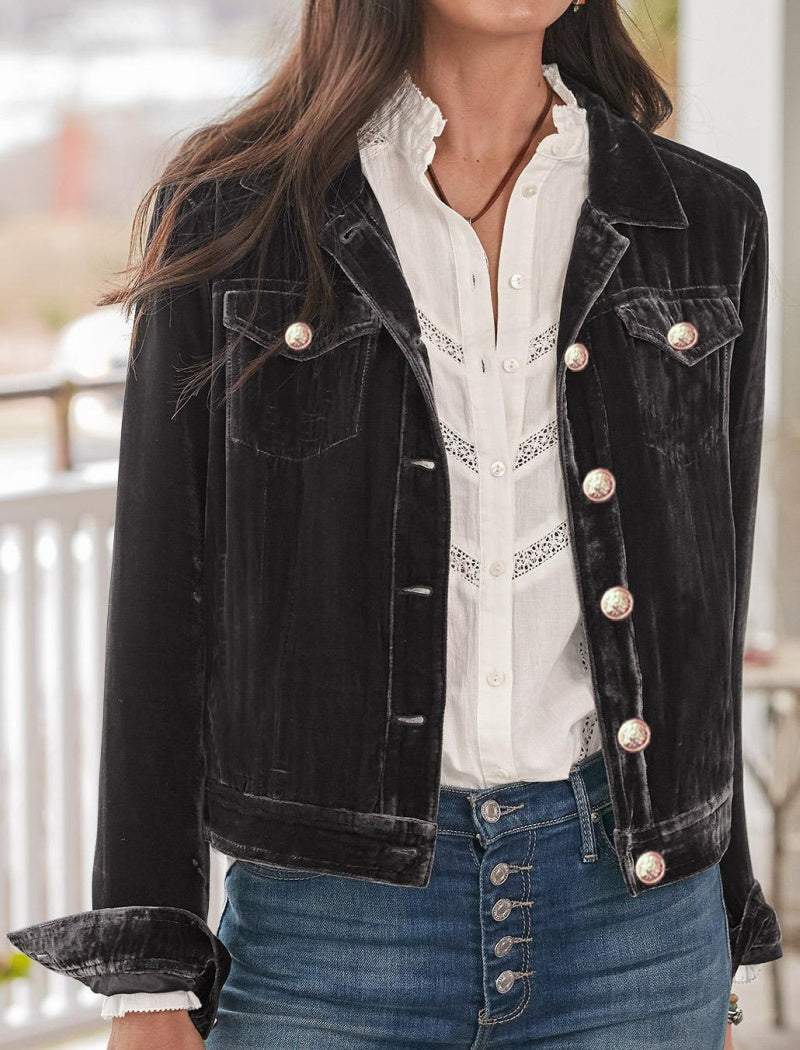 Button-Up Velvet Jacket with Chest Pockets