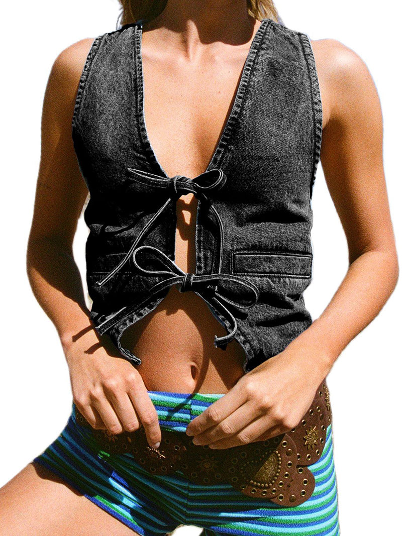 Denim Tie-Front Crop Vest