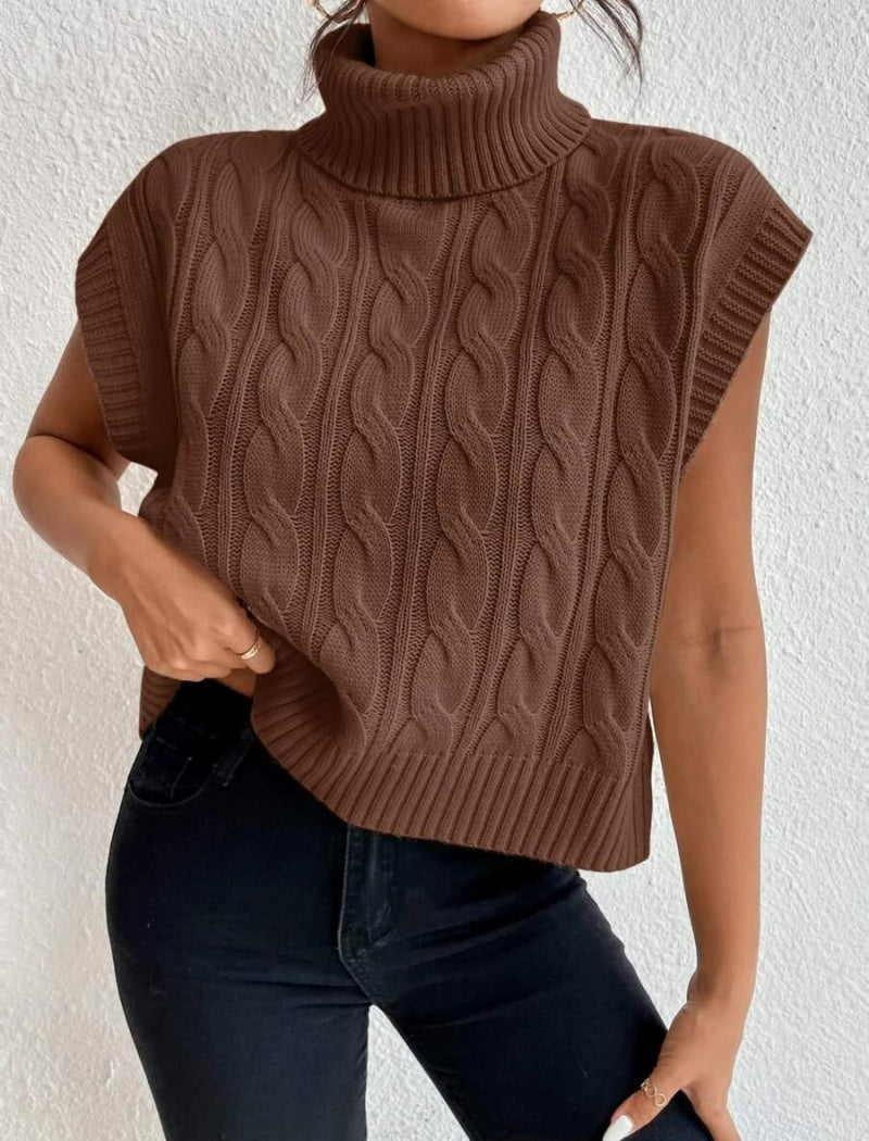Solid Color High Neck Loose Knit Vest