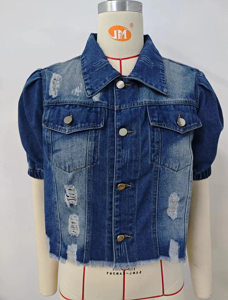 Puff-Sleeve Cropped Denim Jacket