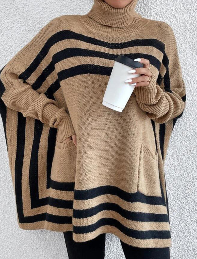 High Neck Striped Batwing Sleeve Cape Sweater