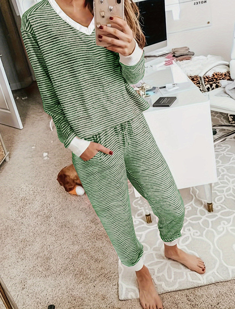 Striped Cozy Lounge Set with V-Neck
