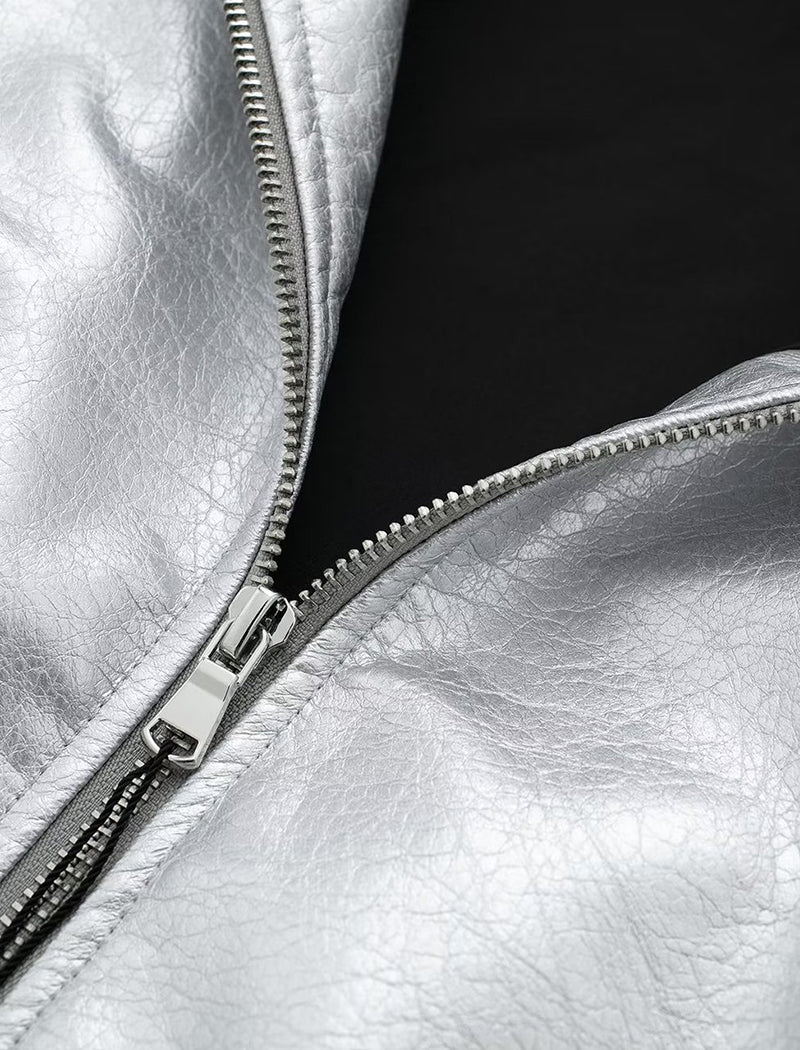 Metallic Zip-Up Cropped Bomber Jacket