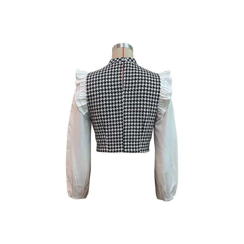 Houndstooth Ruffle Sleeve Crop Top