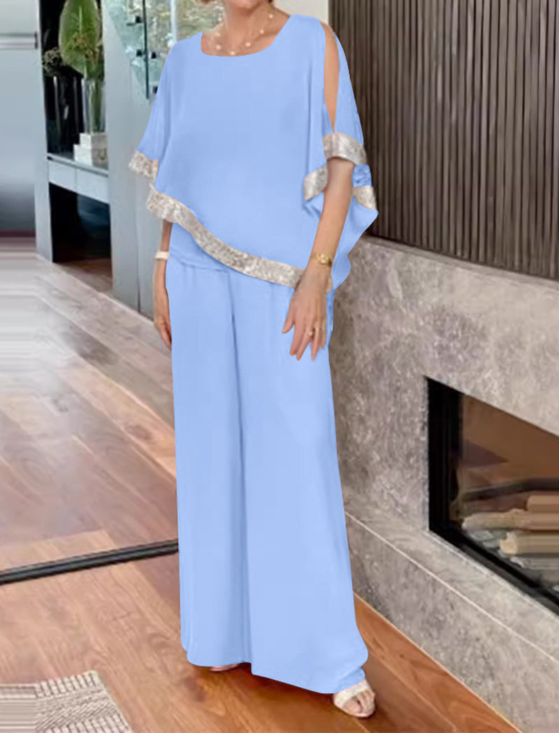Sequin Color-Block Batwing Sweater and Wide-Leg Pants Set