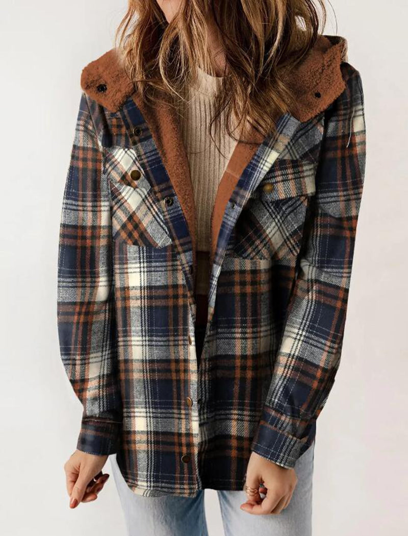 Plaid Long Sleeve Fuzzy Hooded Jacket