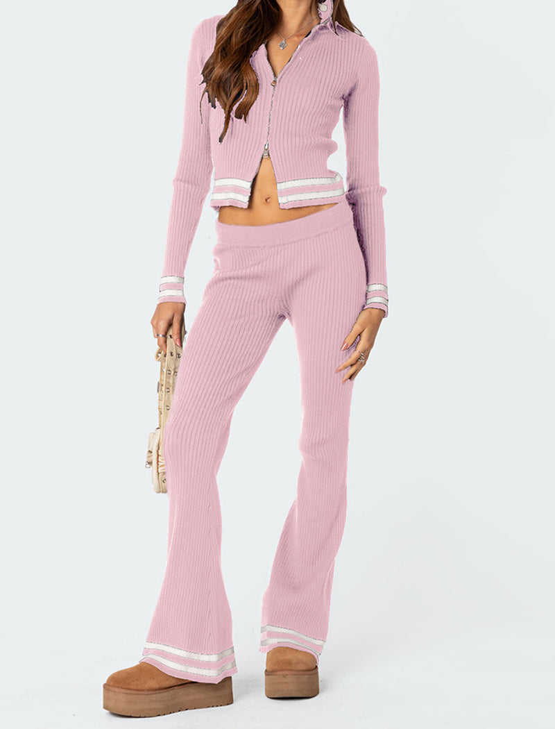 Zipper Cropped Top and Wide-Leg Pants Set