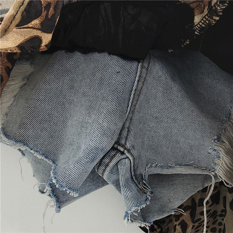 Asymmetrical Denim & Animal Print Ruffle Skirt