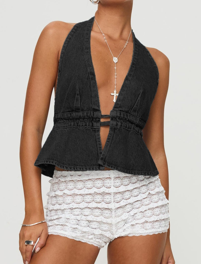 Halter Denim Top with Cutout Detail