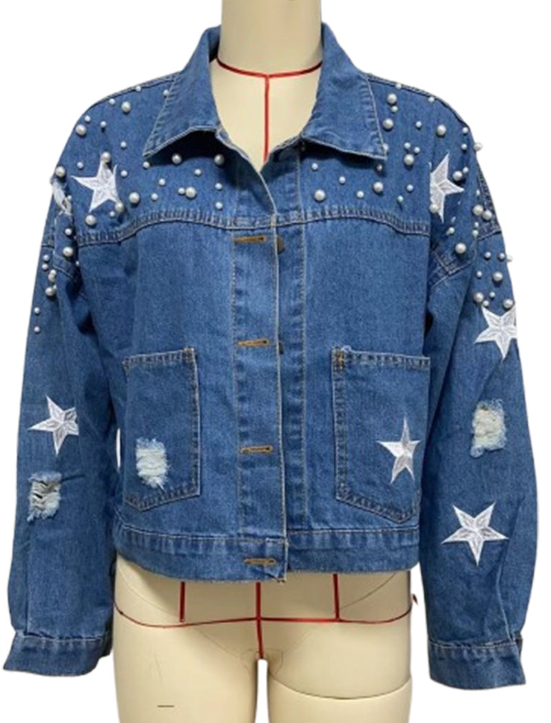 Faux Pearl Studded Denim Crop Jacket