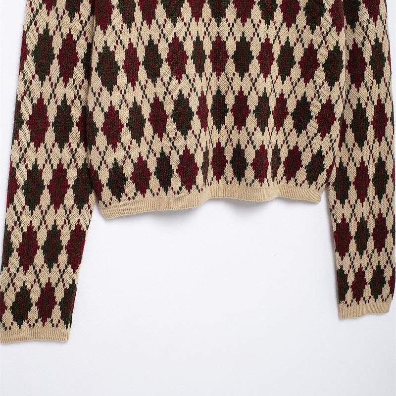 Button-Up Knit Cardigan with Diamond Pattern